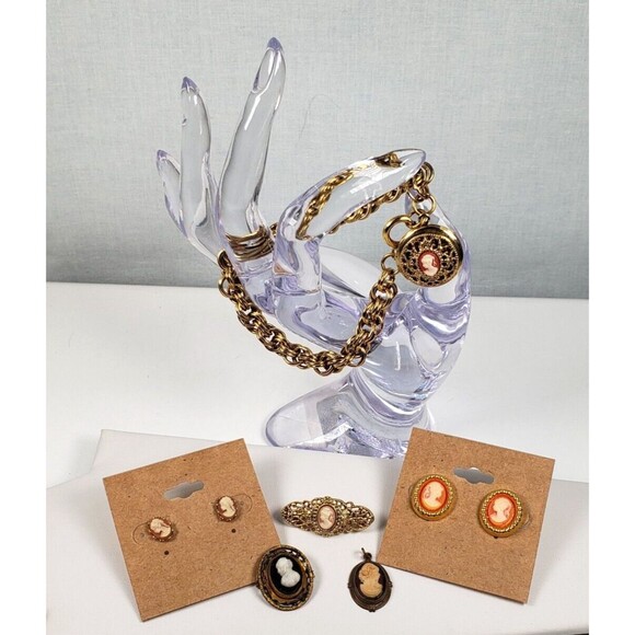 Vintage Victorian Lady Cameo Lot Bracelet Earrings Pendant Brooch Pin Gold Tone - Picture 2 of 15